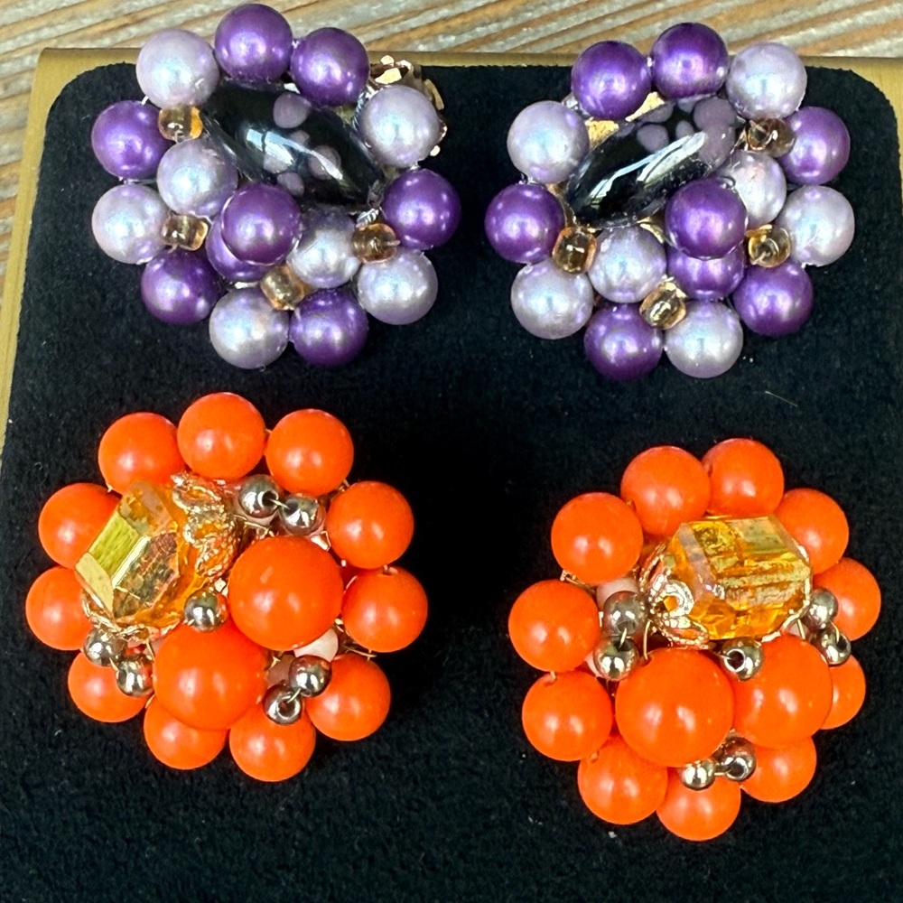2 Pairs Vintage Lot Signed Japan Beaded Cluster Clip On Earrings Orange Purple